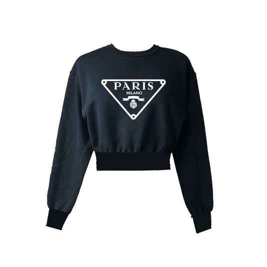 PARIS Black White Cropped Sweatshirt Cute Designer Style Cotton Shirt