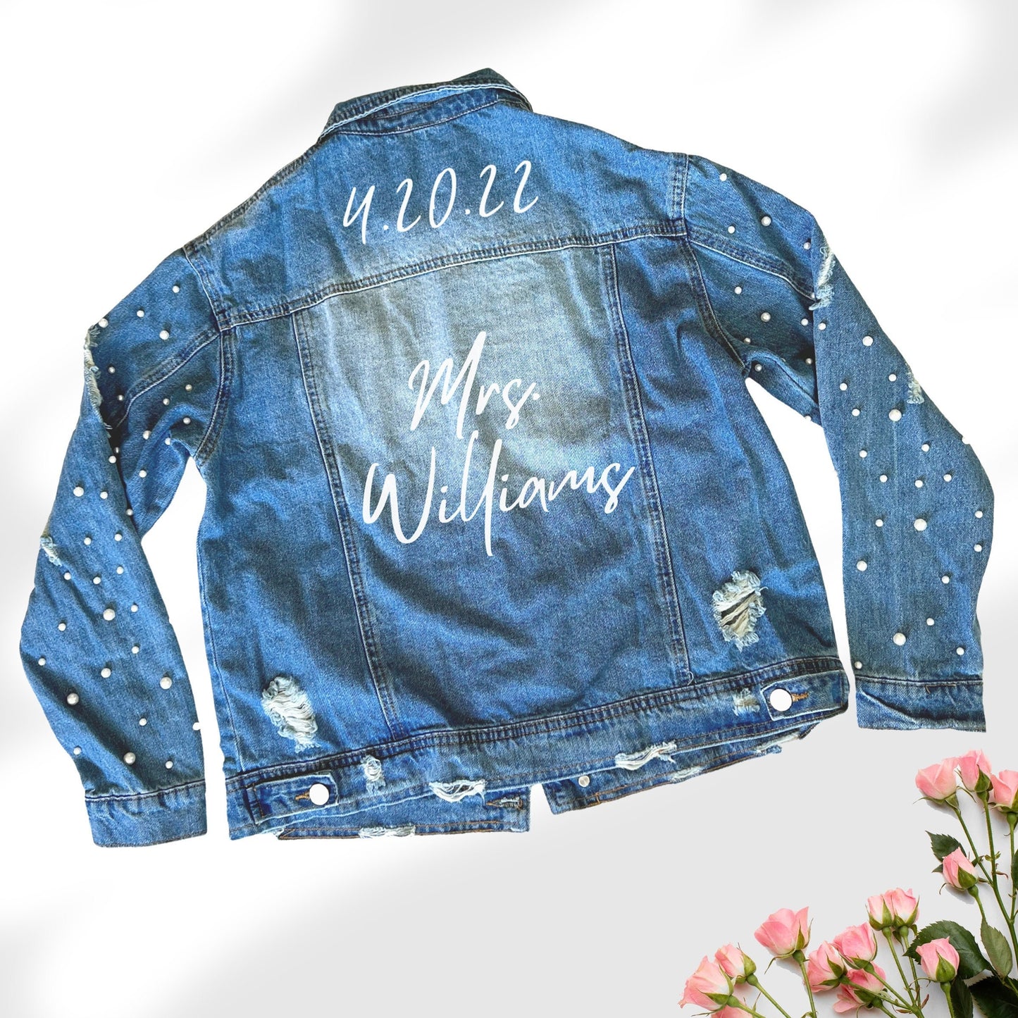 Pearl Blue Mrs Custom Personalized Denim Jean Jacket Bride | Bridal Party Engagement Gift | Custom Jacket